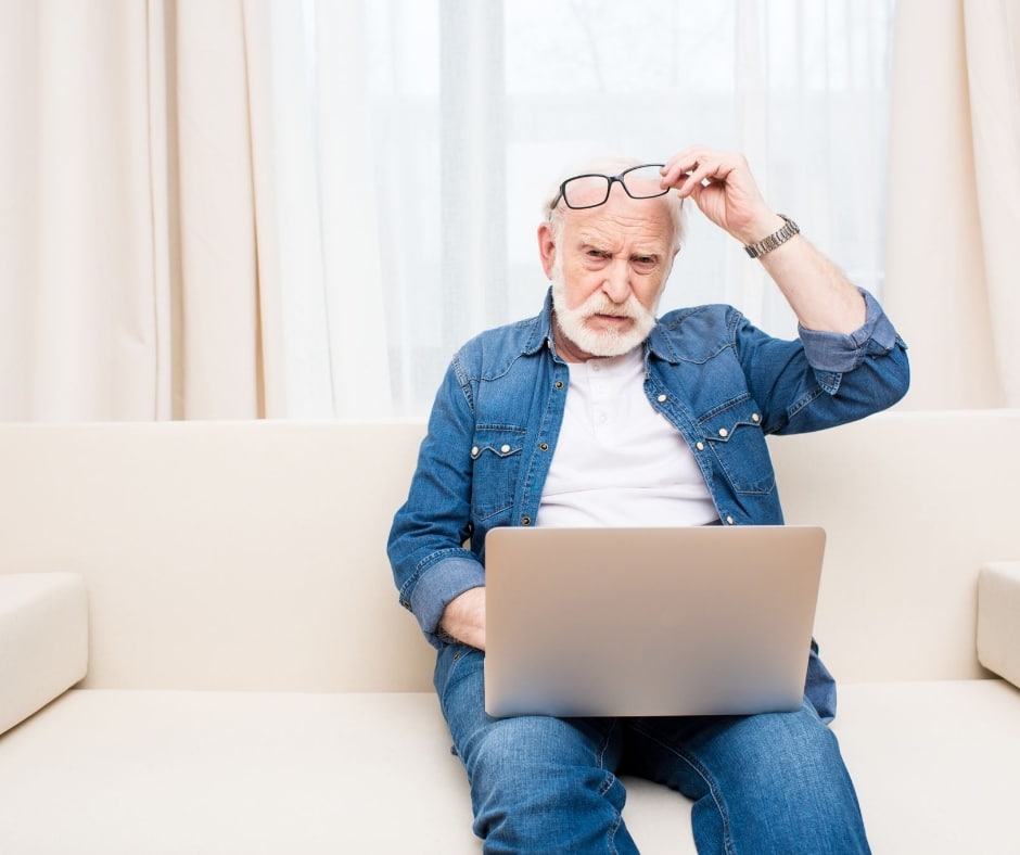 White haired, bearded man looks perplexed. He cannot understand why his age is such a discriminating factor to his employment options