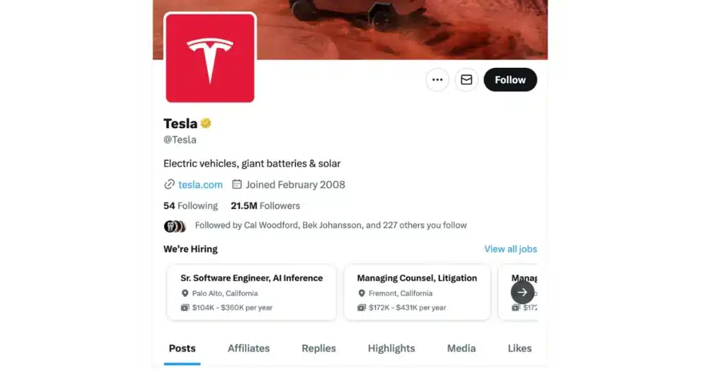 Tesla's jobs featured on X Hiring and Tesla's X profile