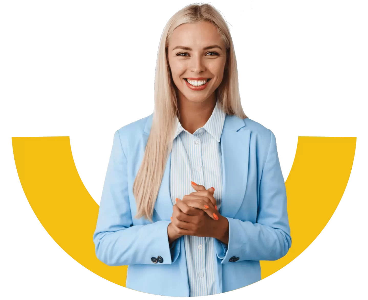 A young, blonde, fair-skinned female professional holds her hand together, smiling directly at the camera. She seems confident and professional, wearing a blue blazer and a shirt.