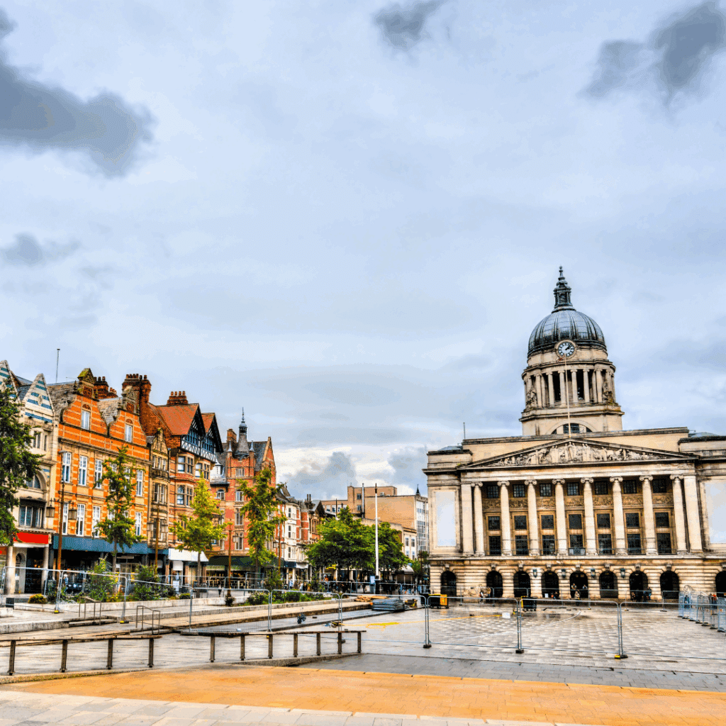 A view of Nottingham’s Council House and surrounding buildings in Old Market Square, showcasing iconic architecture in the city centre.