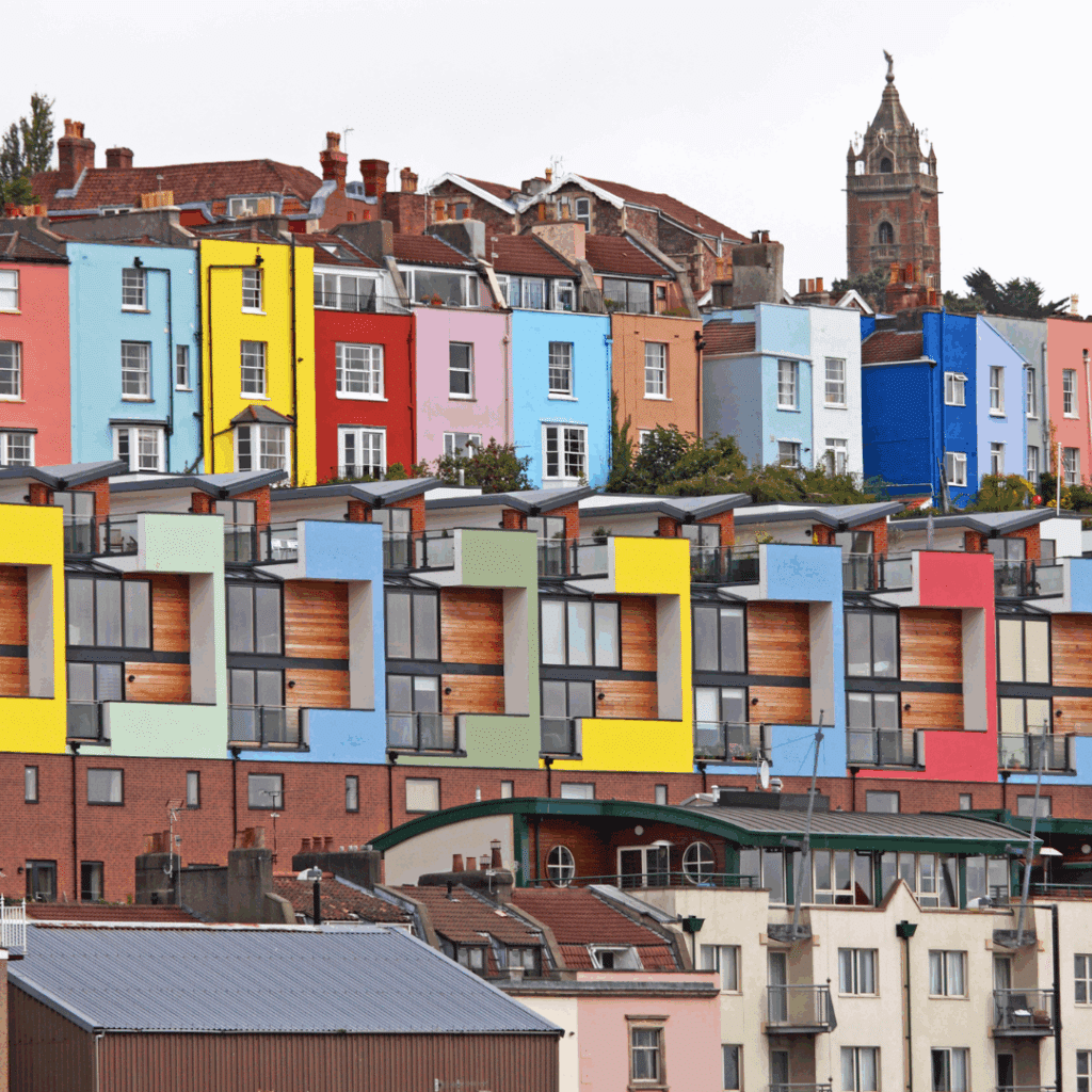 Vibrant multicolored houses in Bristol’s Cliftonwood neighborhood.