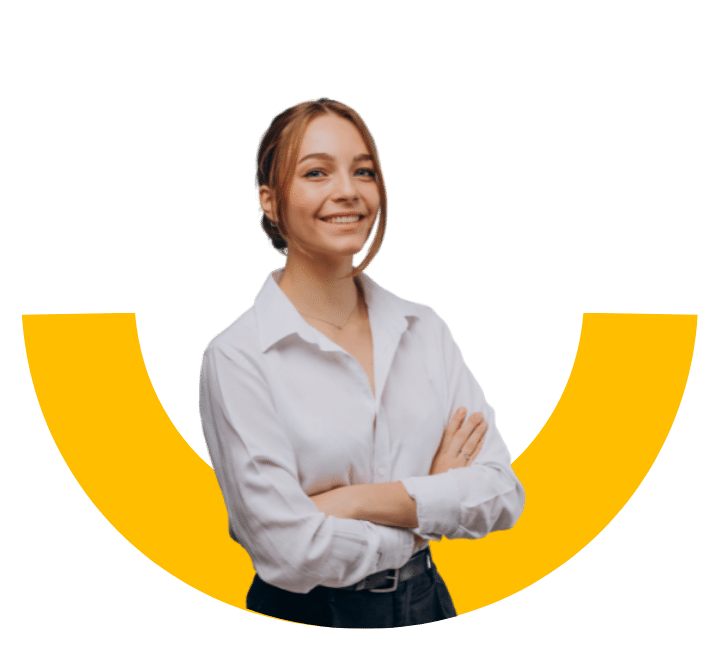 A young professional woman in a white shirt standing confidently with arms crossed, in front of a yellow semi-circle design.