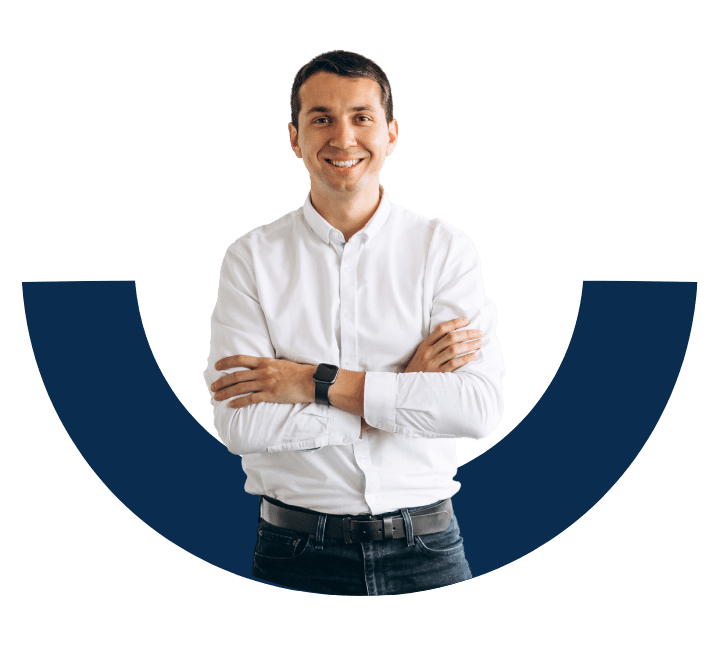 A smiling man in a casual white button-up shirt and smartwatch, standing with arms crossed in front of a navy blue semi-circle background.