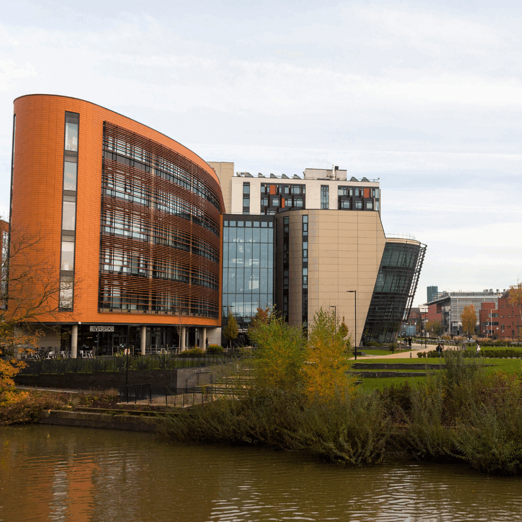 Contemporary architecture of the Riverside campus at De Montfort University, Leicester, beside the river.