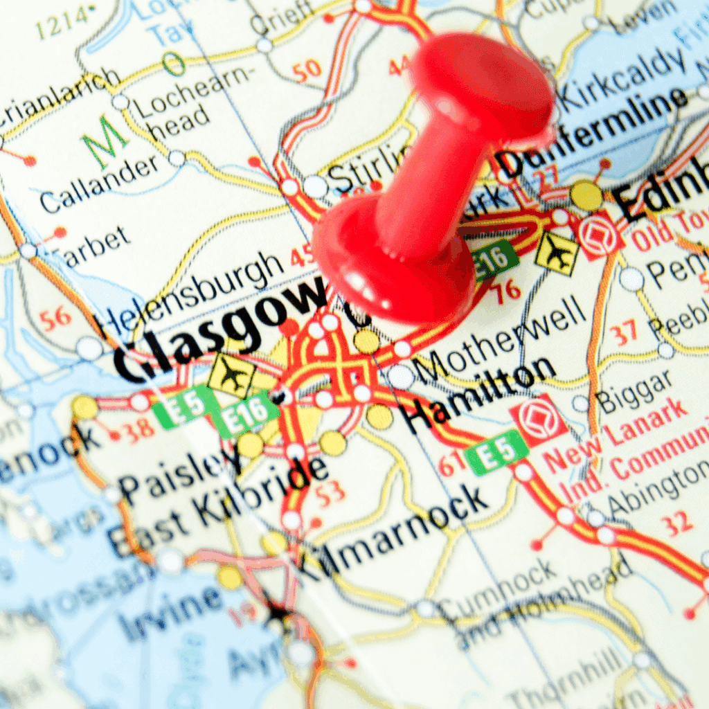 A map of central Scotland with a red pushpin marking the location of Glasgow.