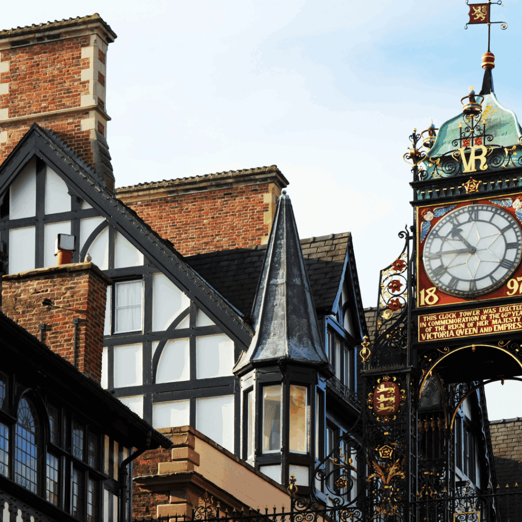 The famous Eastgate Clock nestled among classic Tudor-style buildings in Chester’s historic centre.