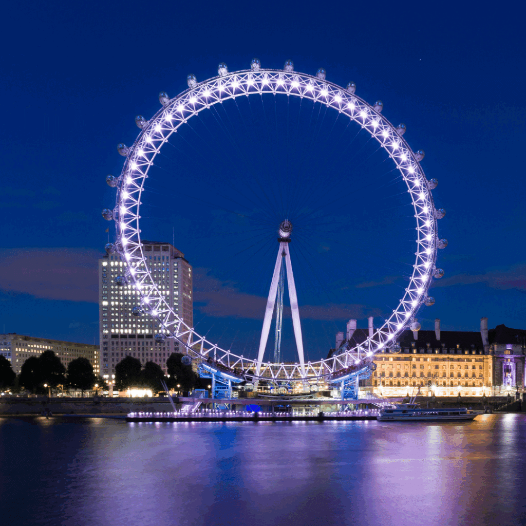 Night view of the London Eye lit up with purple lights, reflecting off the River Thames