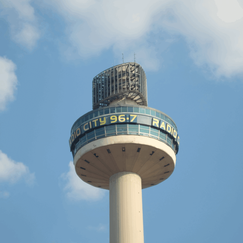 Tall circular St. John’s Beacon, home to Radio City 96.7, rising into the sky above Liverpool.