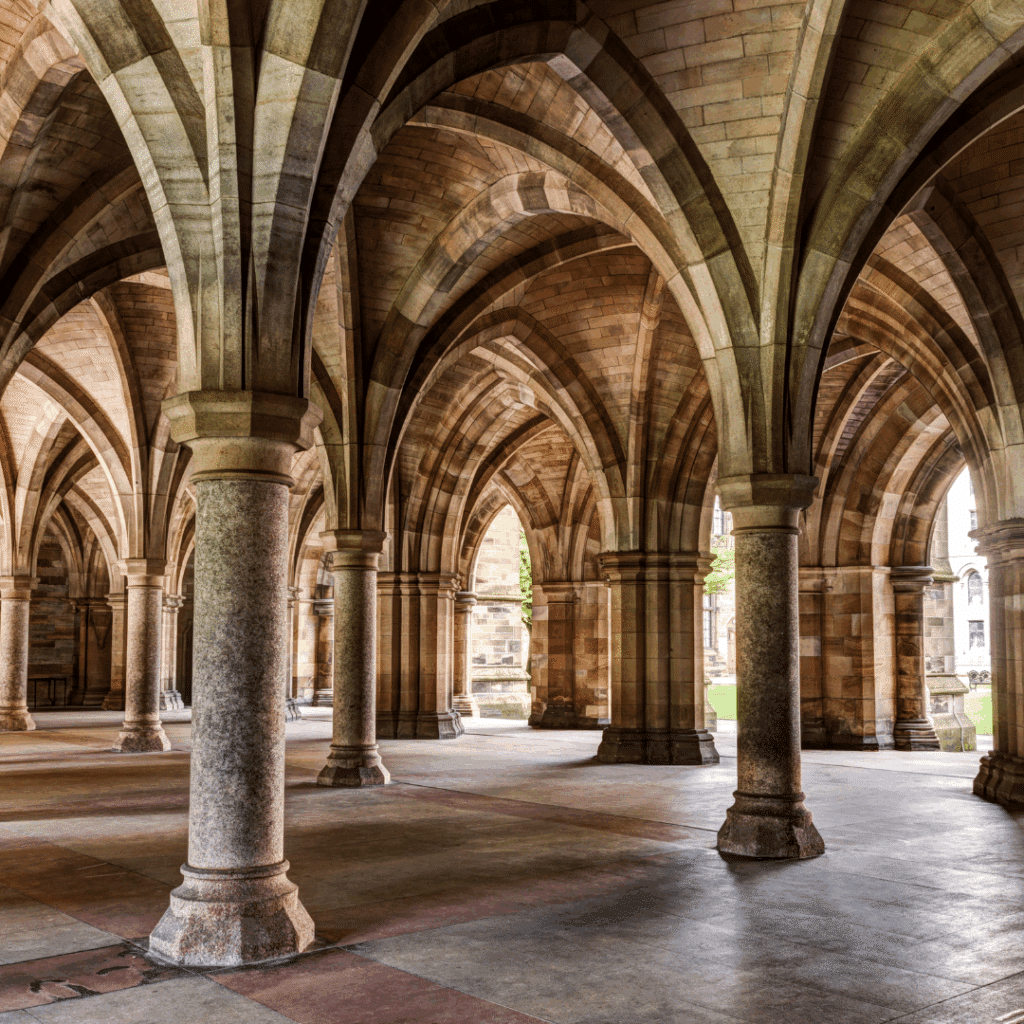 Interior gothic arches at the cloisters of the University of Glasgow.