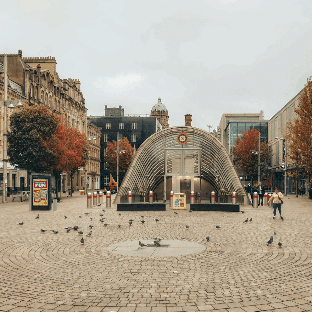 Entrance to Glasgow Subway station in a public square with autumn trees and surrounding buildings.