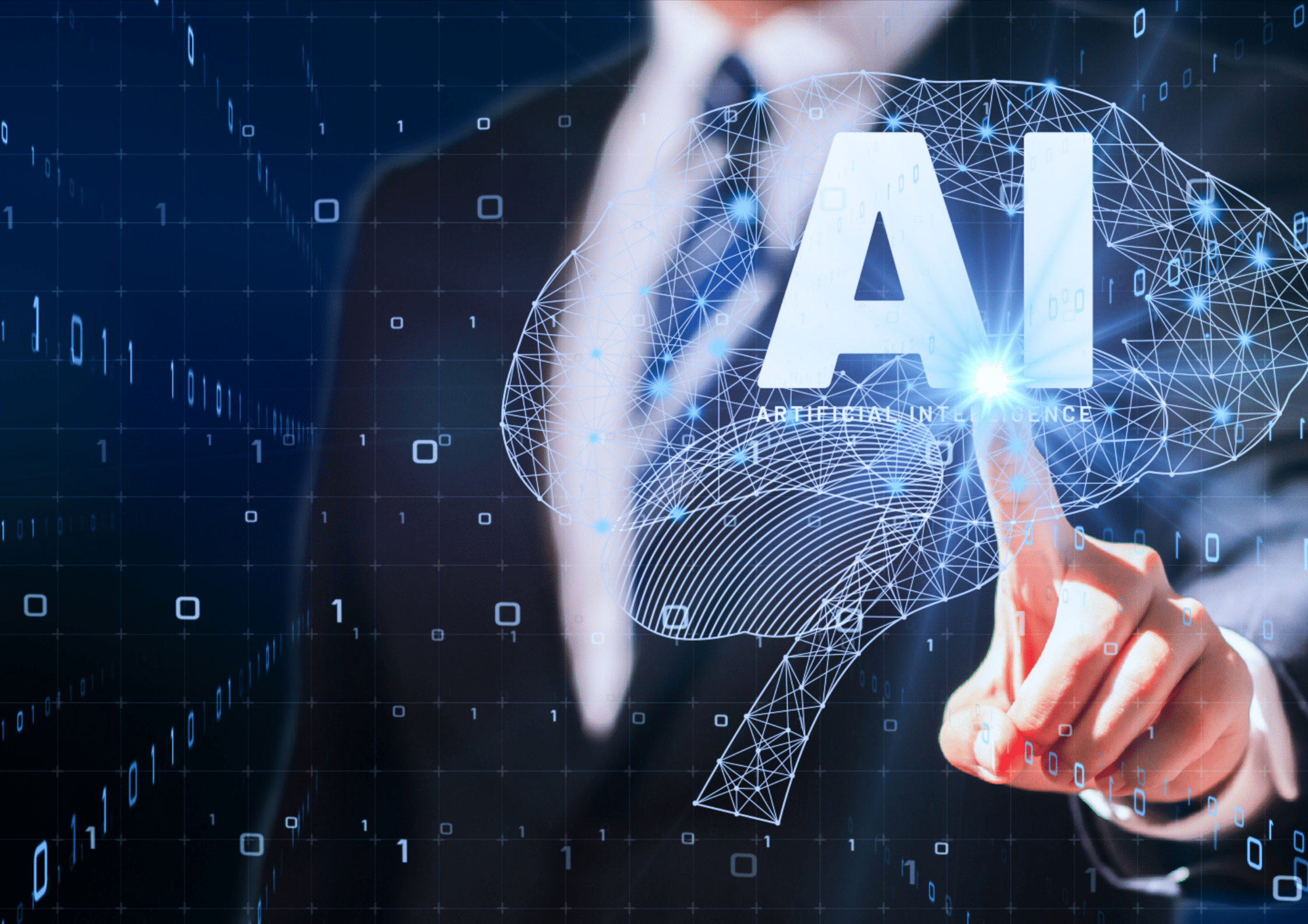 A businessman in a suit pointing at a glowing "AI" graphic overlaid on a digital brain illustration, symbolising artificial intelligence in business technology.