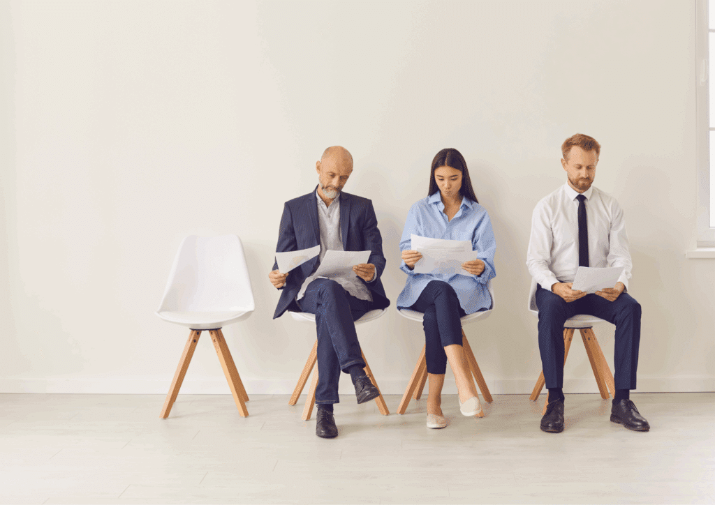 Three job applicants sitting in chairs, reviewing documents while waiting for their interviews.