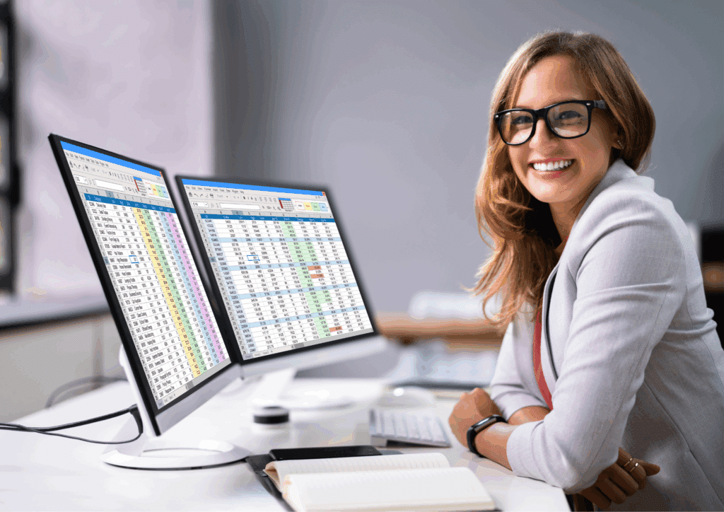 Smiling professional woman sitting at a desk with dual monitors displaying spreadsheets and data analysis.