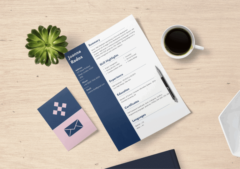 A professional CV design featuring a blue sidebar and clean typography, placed on a wooden desk with a coffee cup, plant, and stationery. An ideal example of an ATS friendly resume layout.