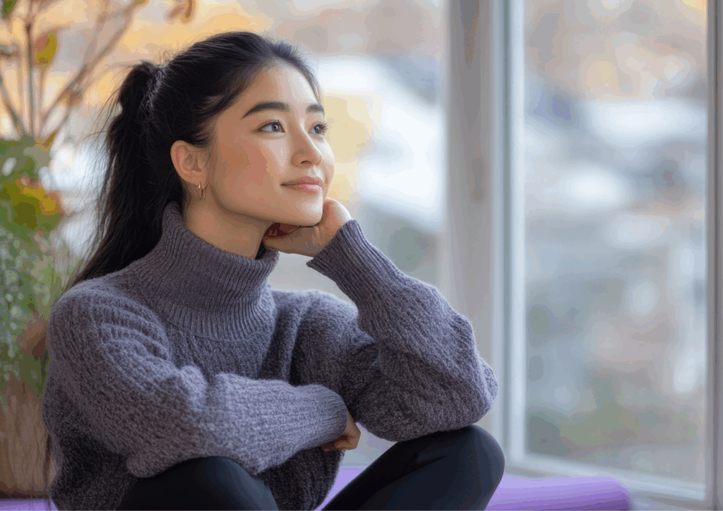 Young woman sitting by a window, looking outside calmly as she takes a moment to breathe and calm her nerves.