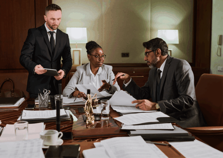 Group of professionals in suits discussing documents around a large table in a formal office setting.
