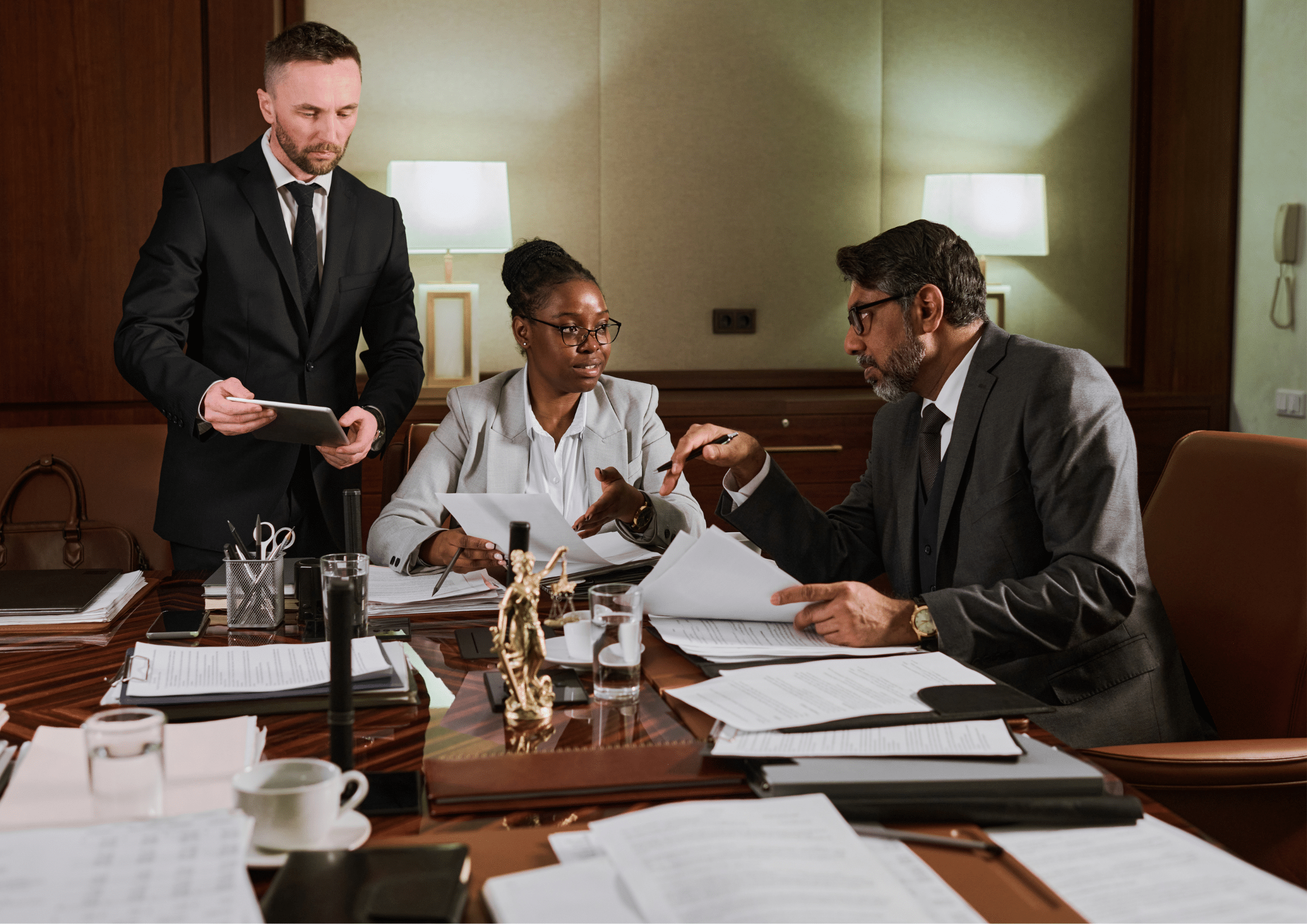 Group of professionals in suits discussing documents around a large table in a formal office setting.