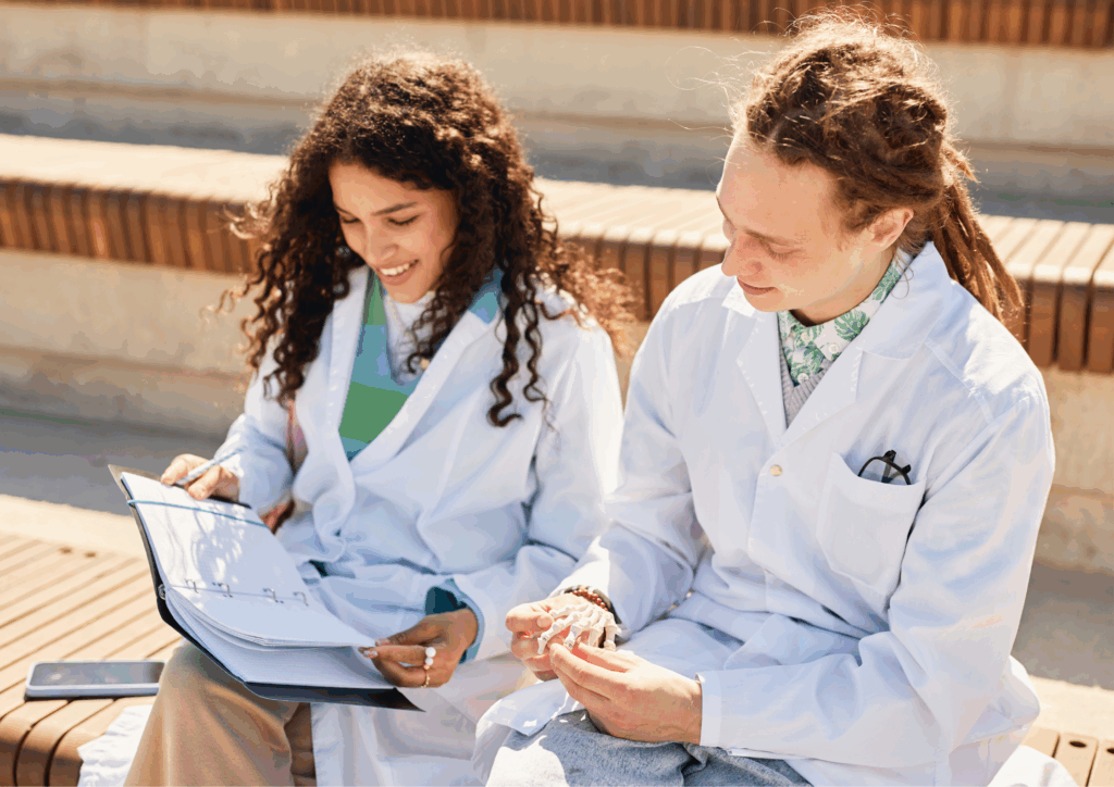 Two medical students sitting outside reviewing notes and discussing anatomy with a dental model in hand.