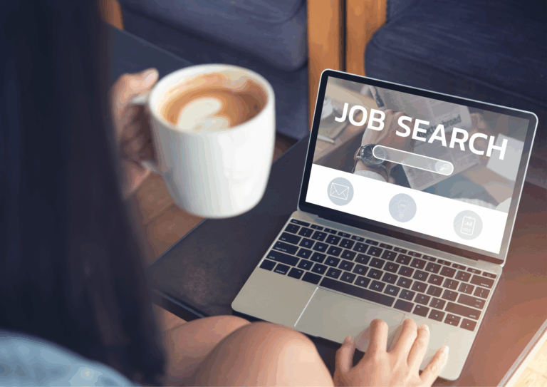 The image shows someone browsing for job opportunities online while enjoying a cup of coffee, symbolizing the modern, flexible approach to job hunting in today’s digital world.
