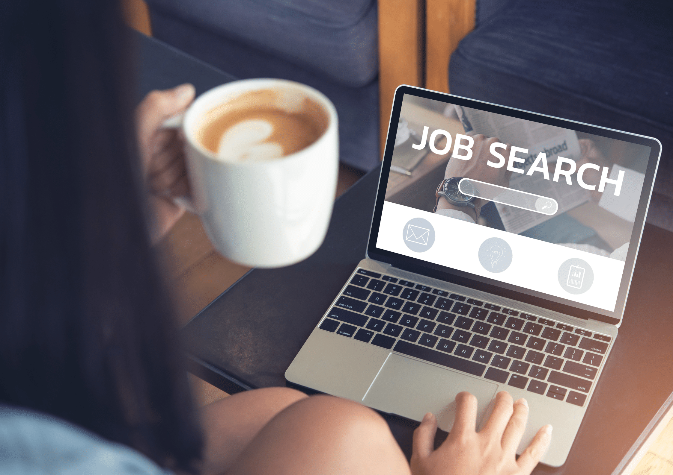 The image shows someone browsing for job opportunities online while enjoying a cup of coffee, symbolizing the modern, flexible approach to job hunting in today’s digital world.