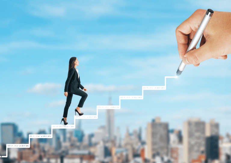 Businesswoman walking up illustrated career steps with a city skyline in the background